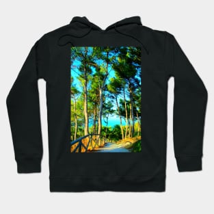 Scene from Sirolo with fenced gravelly road, tall trees, sky and sea Hoodie